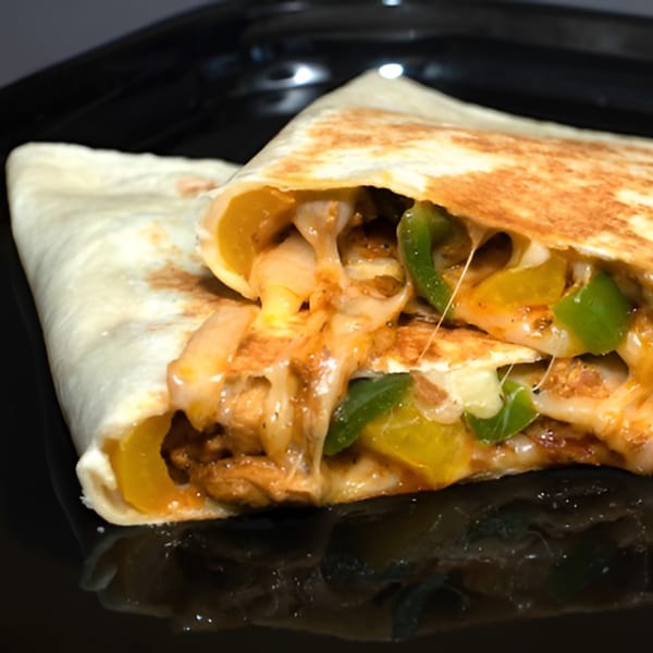 A cheesy quesadilla filled with chicken, green and yellow bell peppers, and onions on a black plate.